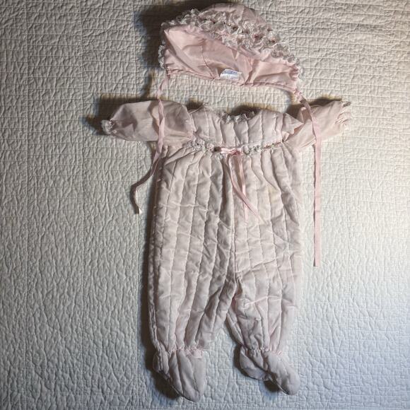 Vtg Her Majesty Pink Quilted Baby Bunting Pram Suit Bonnet Set 3-6 Mo. 1960s - Picture 1 of 7
